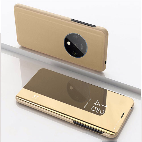 Leather Case Stands Flip Mirror Cover Holder L02 for OnePlus 7T Gold