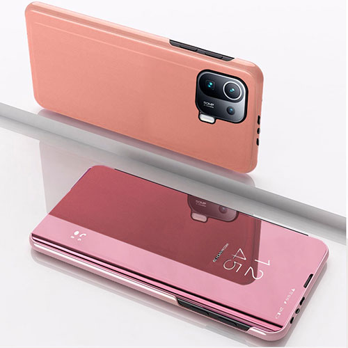Leather Case Stands Flip Mirror Cover Holder L04 for Xiaomi Mi 11 Pro 5G Rose Gold