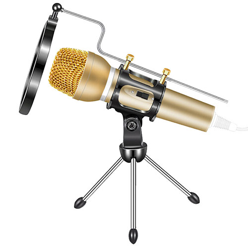 Luxury 3.5mm Mini Handheld Microphone Singing Recording with Stand M03 Gold