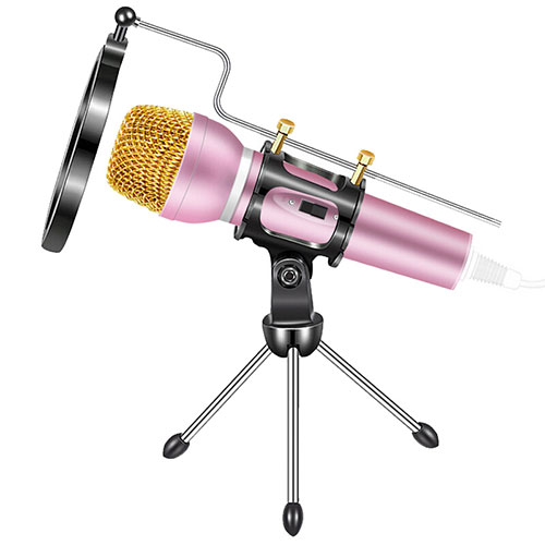 Luxury 3.5mm Mini Handheld Microphone Singing Recording with Stand M03 Pink