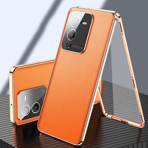 Luxury Aluminum Metal and Leather Cover Case 360 Degrees for Vivo V25 Pro 5G Orange