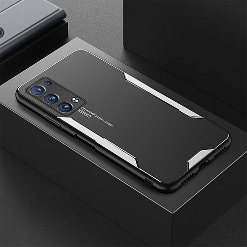 Luxury Aluminum Metal Back Cover and Silicone Frame Case for Oppo Reno6 Pro 5G Silver