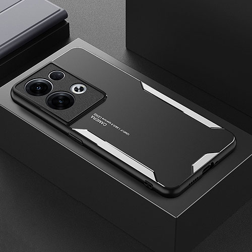 Luxury Aluminum Metal Back Cover and Silicone Frame Case for Oppo Reno8 Pro 5G Silver