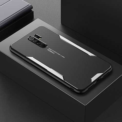 Luxury Aluminum Metal Back Cover and Silicone Frame Case for Xiaomi Redmi 9 Silver
