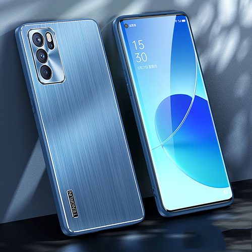 Luxury Aluminum Metal Back Cover and Silicone Frame Case J01 for Oppo Reno6 Pro 5G India Blue