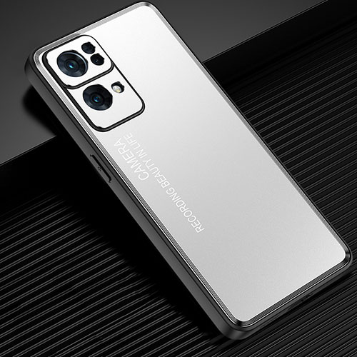 Luxury Aluminum Metal Back Cover and Silicone Frame Case J02 for Oppo Reno7 Pro 5G Silver