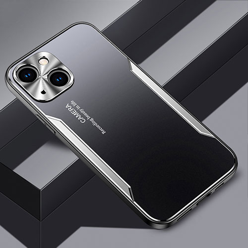 Luxury Aluminum Metal Back Cover and Silicone Frame Case JL3 for Apple iPhone 14 Silver