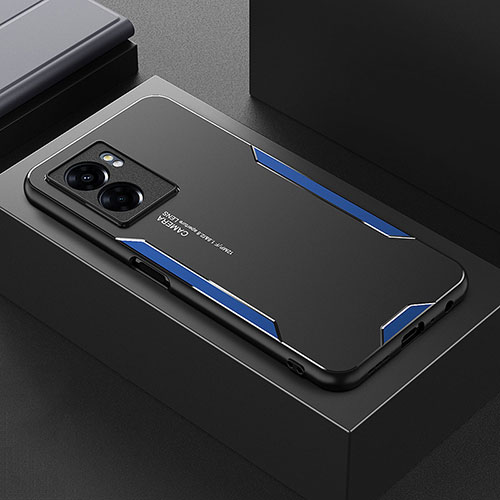 Luxury Aluminum Metal Back Cover and Silicone Frame Case PB1 for Oppo A56S 5G Blue