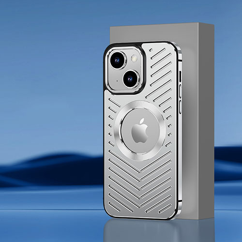 Luxury Aluminum Metal Back Cover and Silicone Frame Case with Mag-Safe Magnetic AC1 for Apple iPhone 13 Silver