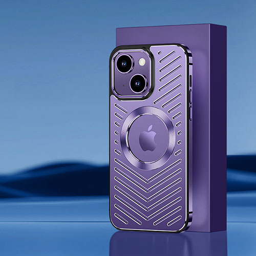 Luxury Aluminum Metal Back Cover and Silicone Frame Case with Mag-Safe Magnetic AC1 for Apple iPhone 15 Purple