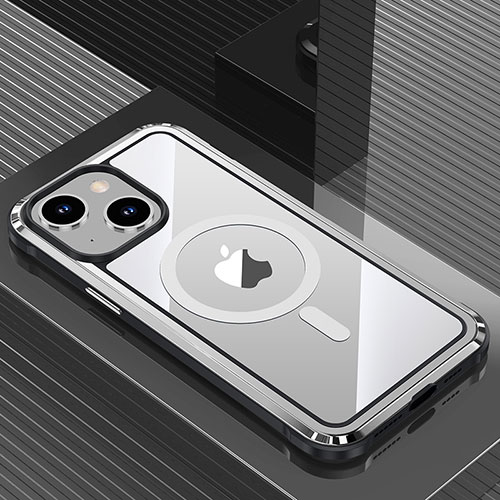 Luxury Aluminum Metal Back Cover and Silicone Frame Case with Mag-Safe Magnetic QC1 for Apple iPhone 13 Silver