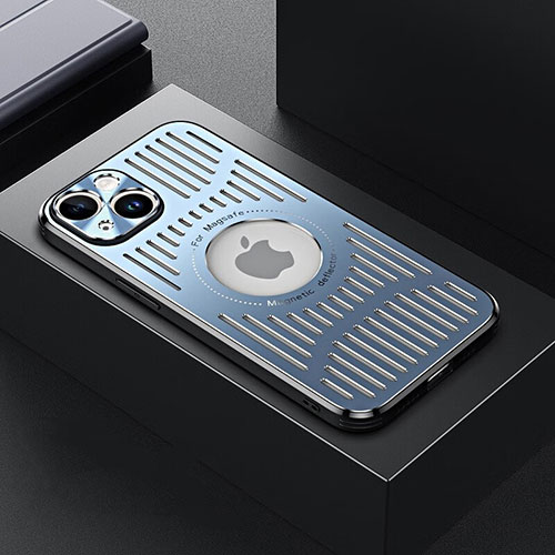Luxury Aluminum Metal Back Cover and Silicone Frame Case with Mag-Safe Magnetic TX1 for Apple iPhone 14 Blue