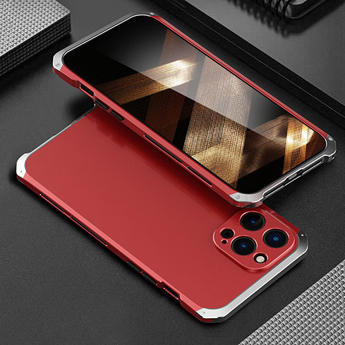 Luxury Aluminum Metal Cover Case 360 Degrees for Apple iPhone 14 Pro Max Silver and Red