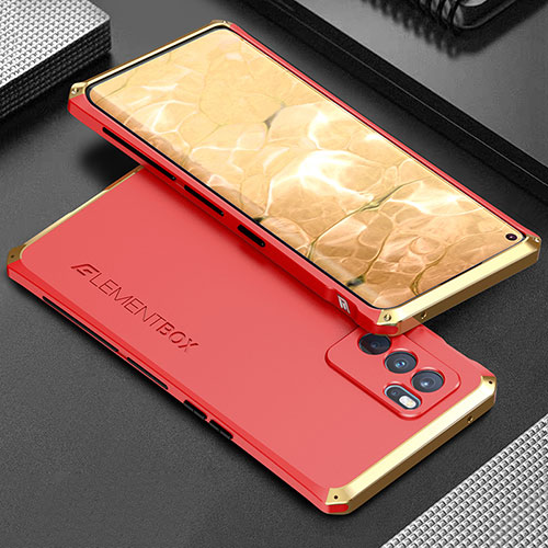 Luxury Aluminum Metal Cover Case 360 Degrees for Oppo Reno6 Pro 5G India Gold and Red