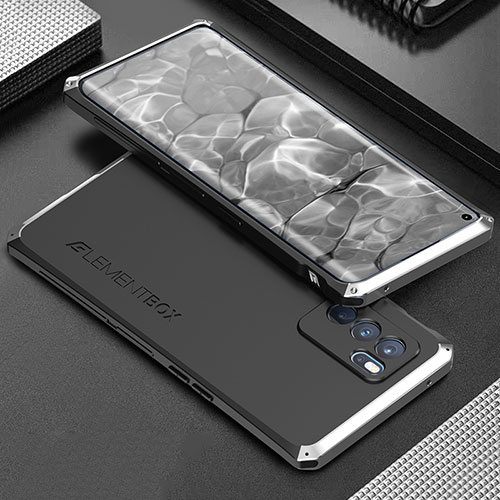 Luxury Aluminum Metal Cover Case 360 Degrees for Oppo Reno6 Pro 5G India Silver and Black