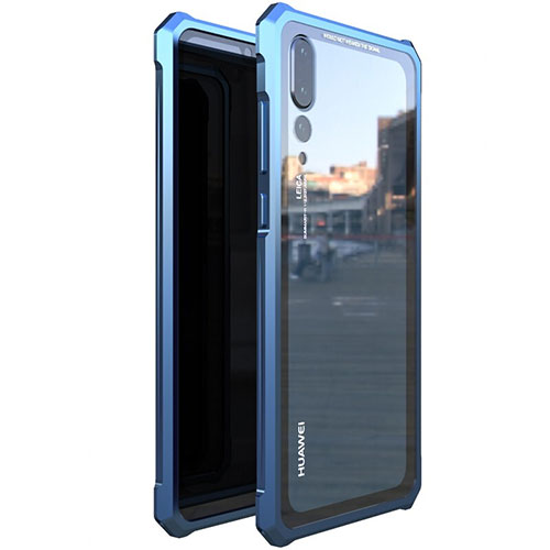 Luxury Aluminum Metal Frame Mirror Cover Case 360 Degrees D01 for Huawei P20 Pro Blue