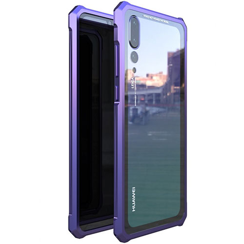 Luxury Aluminum Metal Frame Mirror Cover Case 360 Degrees D01 for Huawei P20 Pro Purple