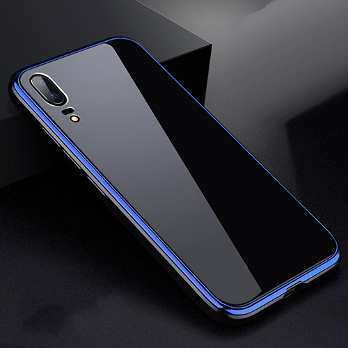 Luxury Aluminum Metal Frame Mirror Cover Case 360 Degrees for Huawei P20 Blue and Black