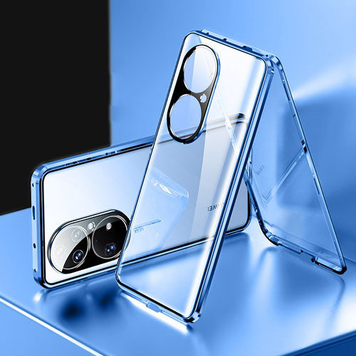 Luxury Aluminum Metal Frame Mirror Cover Case 360 Degrees for Huawei P50 Pro Blue