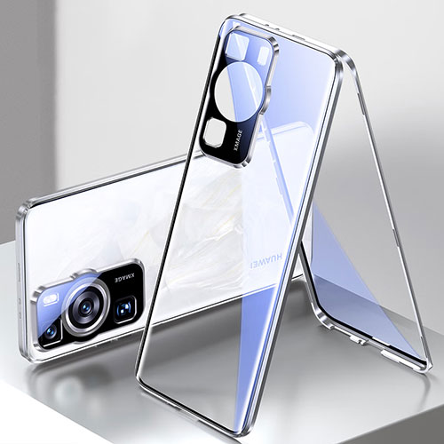 Luxury Aluminum Metal Frame Mirror Cover Case 360 Degrees for Huawei P60 Pro Silver