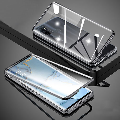 Luxury Aluminum Metal Frame Mirror Cover Case 360 Degrees for Oppo A53s Black