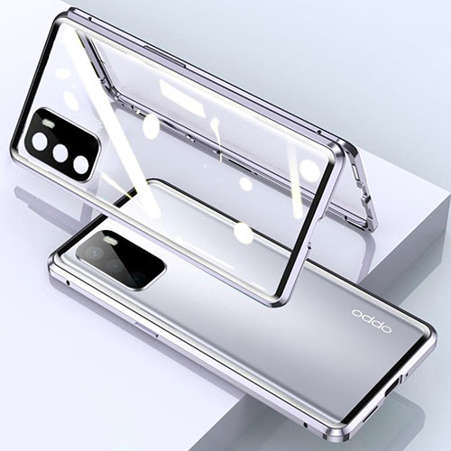 Luxury Aluminum Metal Frame Mirror Cover Case 360 Degrees for Oppo A54s Silver