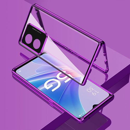 Luxury Aluminum Metal Frame Mirror Cover Case 360 Degrees for Oppo A58 5G Purple
