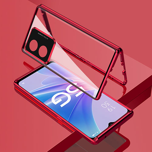 Luxury Aluminum Metal Frame Mirror Cover Case 360 Degrees for Oppo A58 5G Red