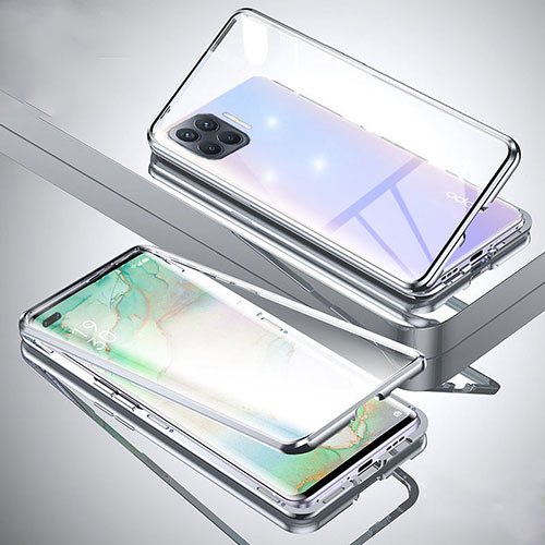 Luxury Aluminum Metal Frame Mirror Cover Case 360 Degrees for Oppo A93 Silver