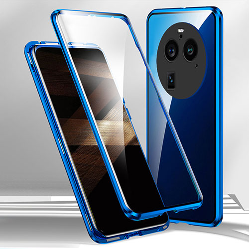 Luxury Aluminum Metal Frame Mirror Cover Case 360 Degrees for Oppo Find X6 5G Blue