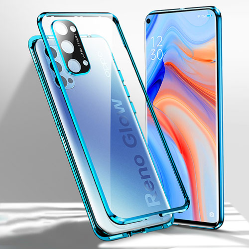 Luxury Aluminum Metal Frame Mirror Cover Case 360 Degrees for Oppo Reno4 5G Blue