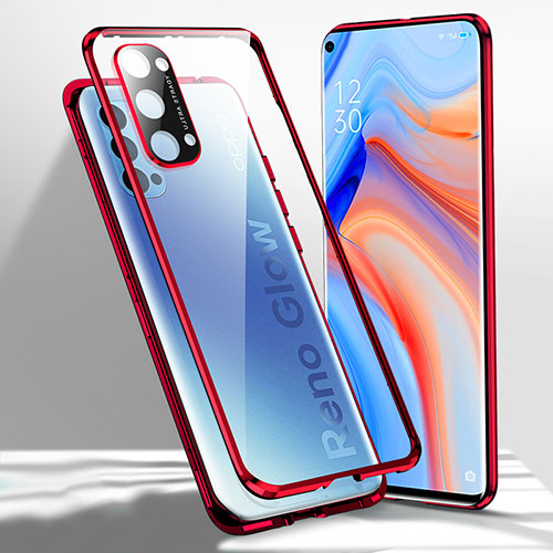 Luxury Aluminum Metal Frame Mirror Cover Case 360 Degrees for Oppo Reno4 5G Red