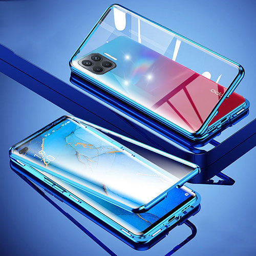 Luxury Aluminum Metal Frame Mirror Cover Case 360 Degrees for Oppo Reno4 F Blue