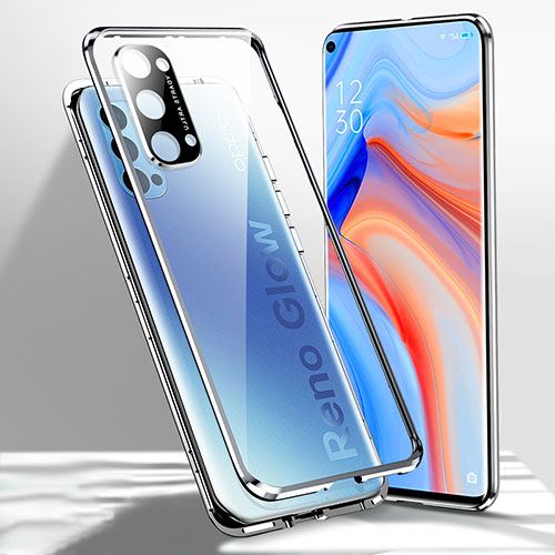 Luxury Aluminum Metal Frame Mirror Cover Case 360 Degrees for Oppo Reno4 Pro 5G Silver