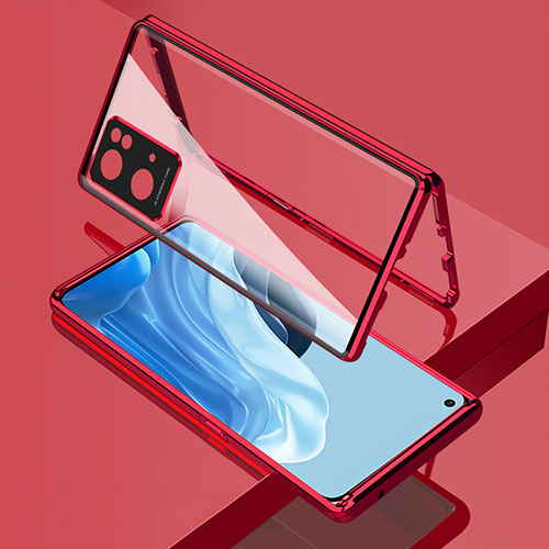 Luxury Aluminum Metal Frame Mirror Cover Case 360 Degrees for Oppo Reno7 Pro 5G Red
