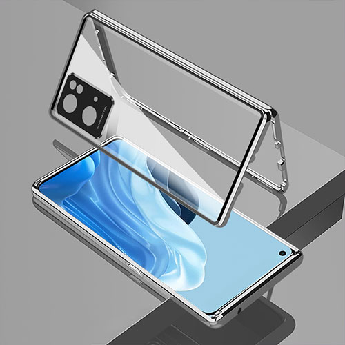 Luxury Aluminum Metal Frame Mirror Cover Case 360 Degrees for Oppo Reno7 Pro 5G Silver