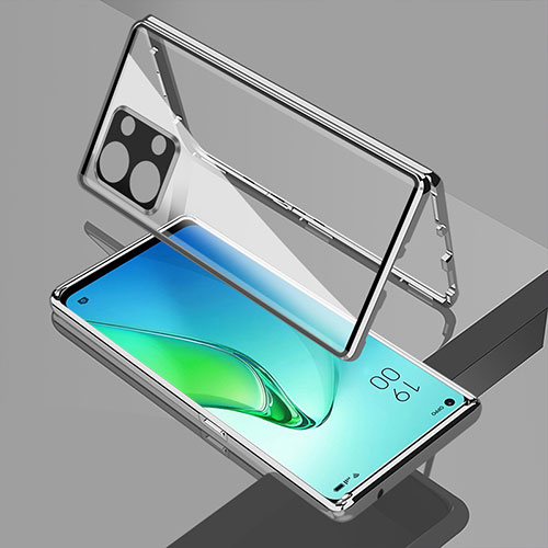 Luxury Aluminum Metal Frame Mirror Cover Case 360 Degrees for Oppo Reno8 5G Silver