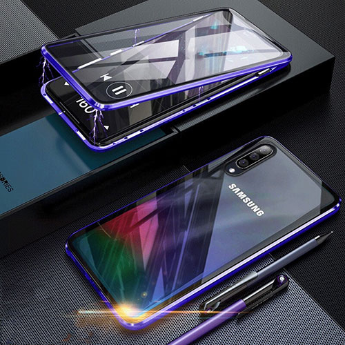 Luxury Aluminum Metal Frame Mirror Cover Case 360 Degrees for Samsung Galaxy A70 Blue