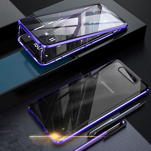 Luxury Aluminum Metal Frame Mirror Cover Case 360 Degrees for Samsung Galaxy A80 Blue