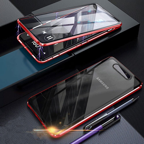 Luxury Aluminum Metal Frame Mirror Cover Case 360 Degrees for Samsung Galaxy A80 Red