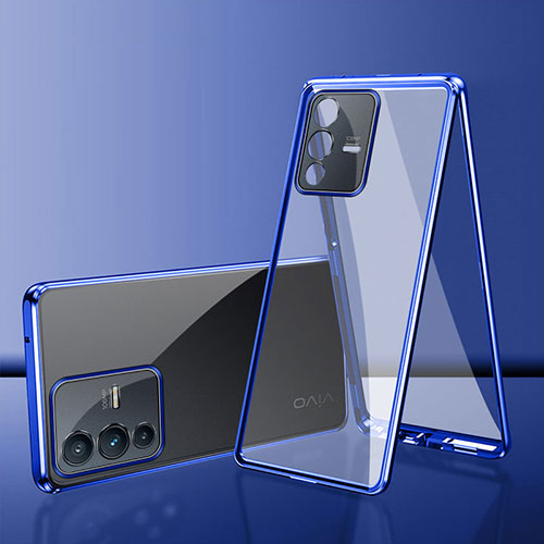 Luxury Aluminum Metal Frame Mirror Cover Case 360 Degrees for Vivo V25 Pro 5G Blue