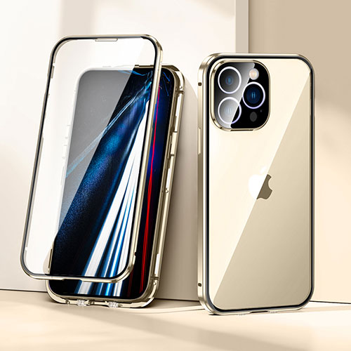 Luxury Aluminum Metal Frame Mirror Cover Case 360 Degrees LK1 for Apple iPhone 13 Pro Max Gold