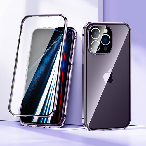 Luxury Aluminum Metal Frame Mirror Cover Case 360 Degrees LK1 for Apple iPhone 13 Pro Purple