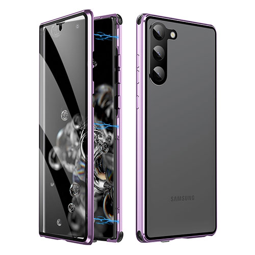 Luxury Aluminum Metal Frame Mirror Cover Case 360 Degrees LK1 for Samsung Galaxy S22 5G Purple