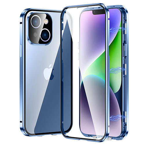Luxury Aluminum Metal Frame Mirror Cover Case 360 Degrees LK2 for Apple iPhone 14 Plus Blue