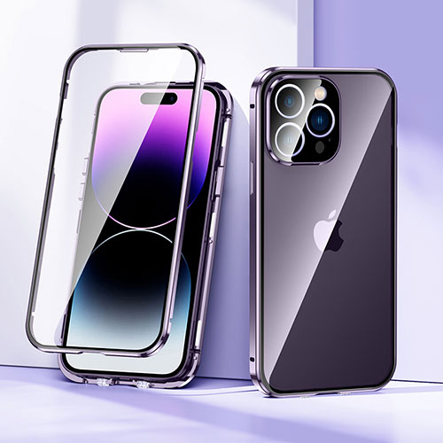 Luxury Aluminum Metal Frame Mirror Cover Case 360 Degrees LK2 for Apple iPhone 14 Pro Purple