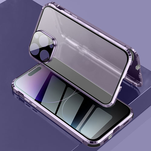 Luxury Aluminum Metal Frame Mirror Cover Case 360 Degrees LK3 for Apple iPhone 14 Pro Max Purple