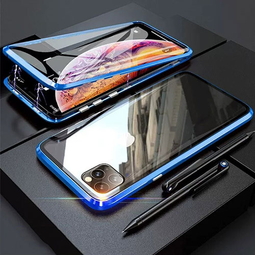 Luxury Aluminum Metal Frame Mirror Cover Case 360 Degrees M01 for Apple iPhone 11 Pro Blue