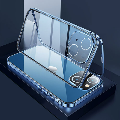 Luxury Aluminum Metal Frame Mirror Cover Case 360 Degrees M01 for Apple iPhone 13 Blue