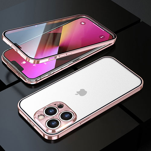 Luxury Aluminum Metal Frame Mirror Cover Case 360 Degrees M01 for Apple iPhone 13 Pro Max Rose Gold